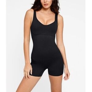 Popilush Women's Black Seamless Ribbed V-Neck Romper Shapewear Bodysuits Size XL